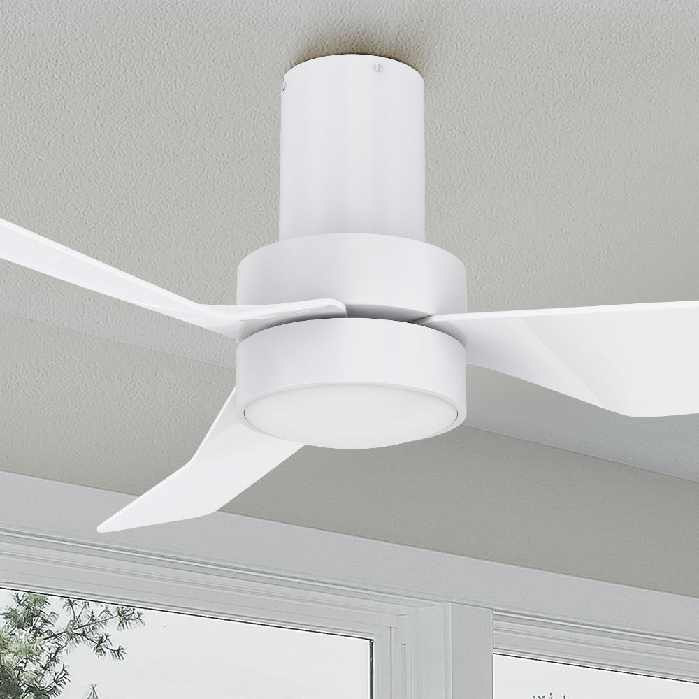 Carro Barnet 44 inch smart flush mount ceiling fan design with white finish, strong ABS blades and integrated 4000K LED cool light.