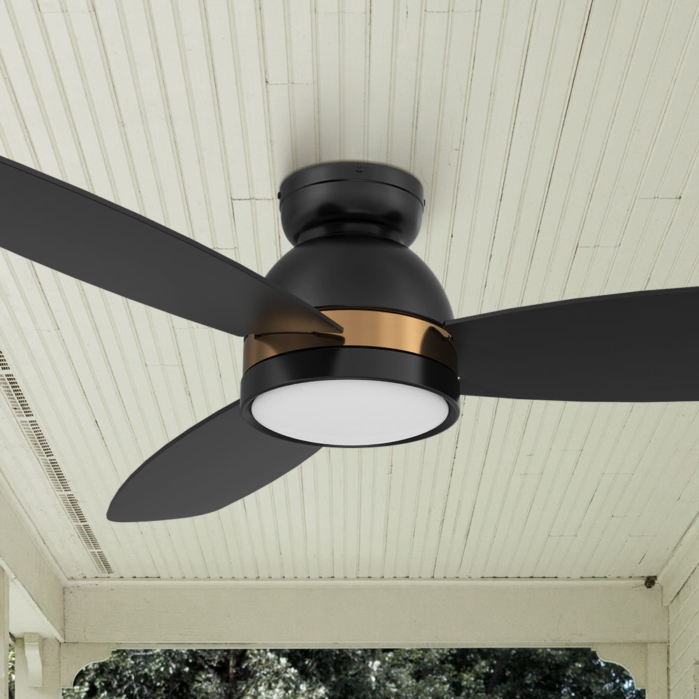 Carro Biscay 48 inch smart outdoor ceiling fan designed with black and gold finish, elegant plywood blades and integrated 4000K LED daylight.
