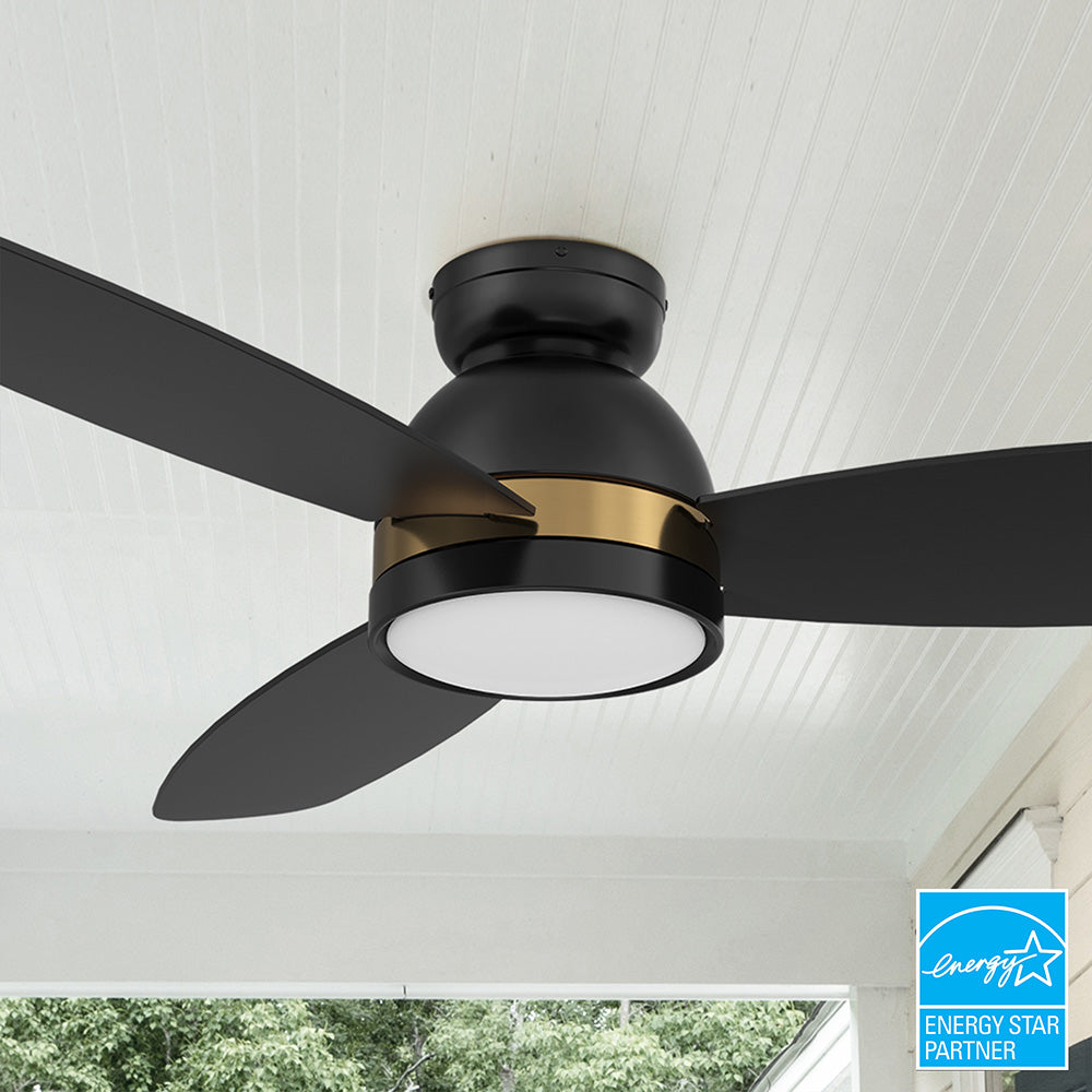 Carro Biscay 52 inch smart outdoor ceiling fan designed with black and gold finish, elegant plywood blades and integrated 4000K LED daylight.