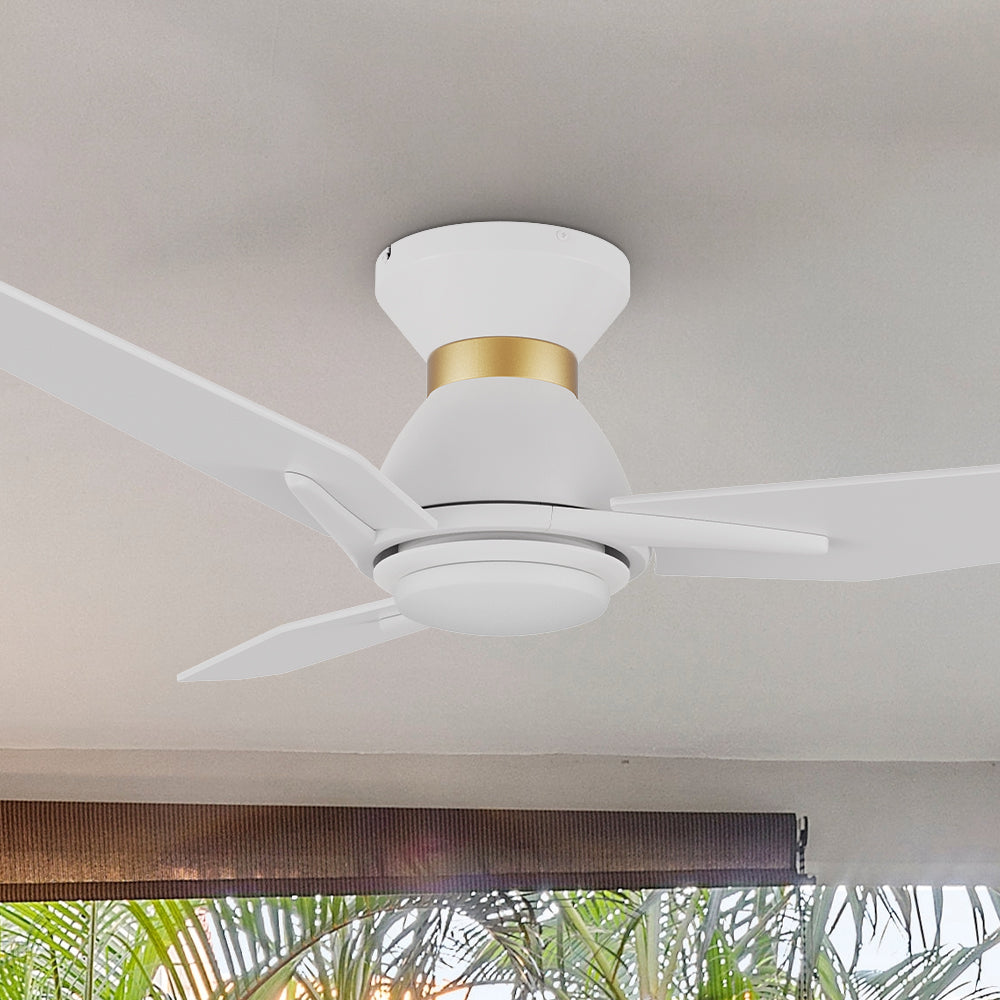 Carro Smafan Brooks 52 inch smart ceiling fans design with white and gold finish, use elegant Plywood blades and has an integrated 4000K LED daylight.