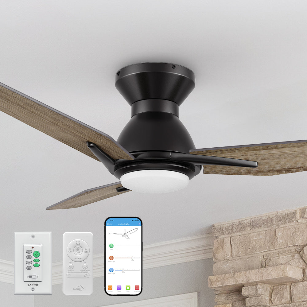 Close-up of the Smafan Carro Brooks 2 Smart 48-inch outdoor ceiling fan with a flush mount design, black motor housing, and wood finish blades. Includes remote control, wall control, and smartphone app compatibility shown below.