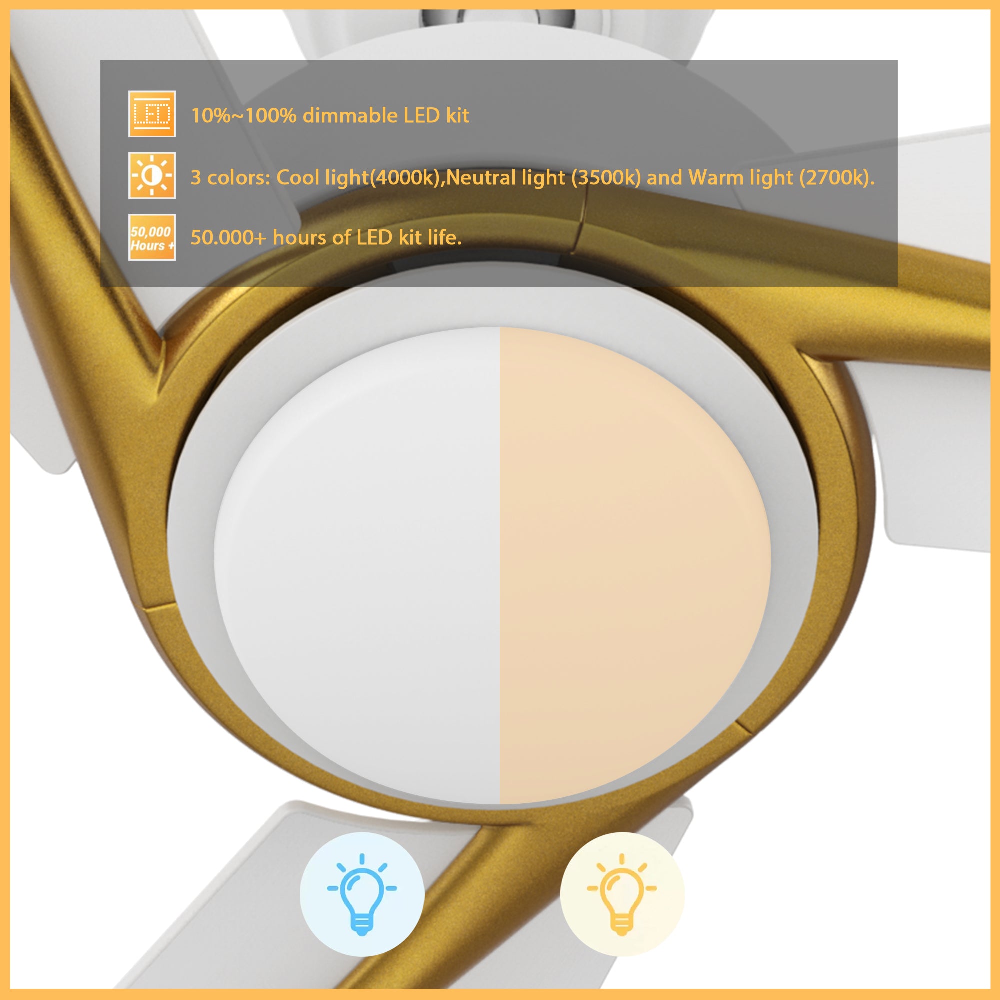 A close-up of a white and gold ceiling fan light kit, showcasing a dimmable LED with 10%-100% dimming capability, offering three color options: Cool light (4000K), Neutral light (3500K), and Warm light (2700K), with a lifespan of over 50,000 hours. The light is divided into two sections, one emitting cool white light and the other warm light, with icons indicating light settings.