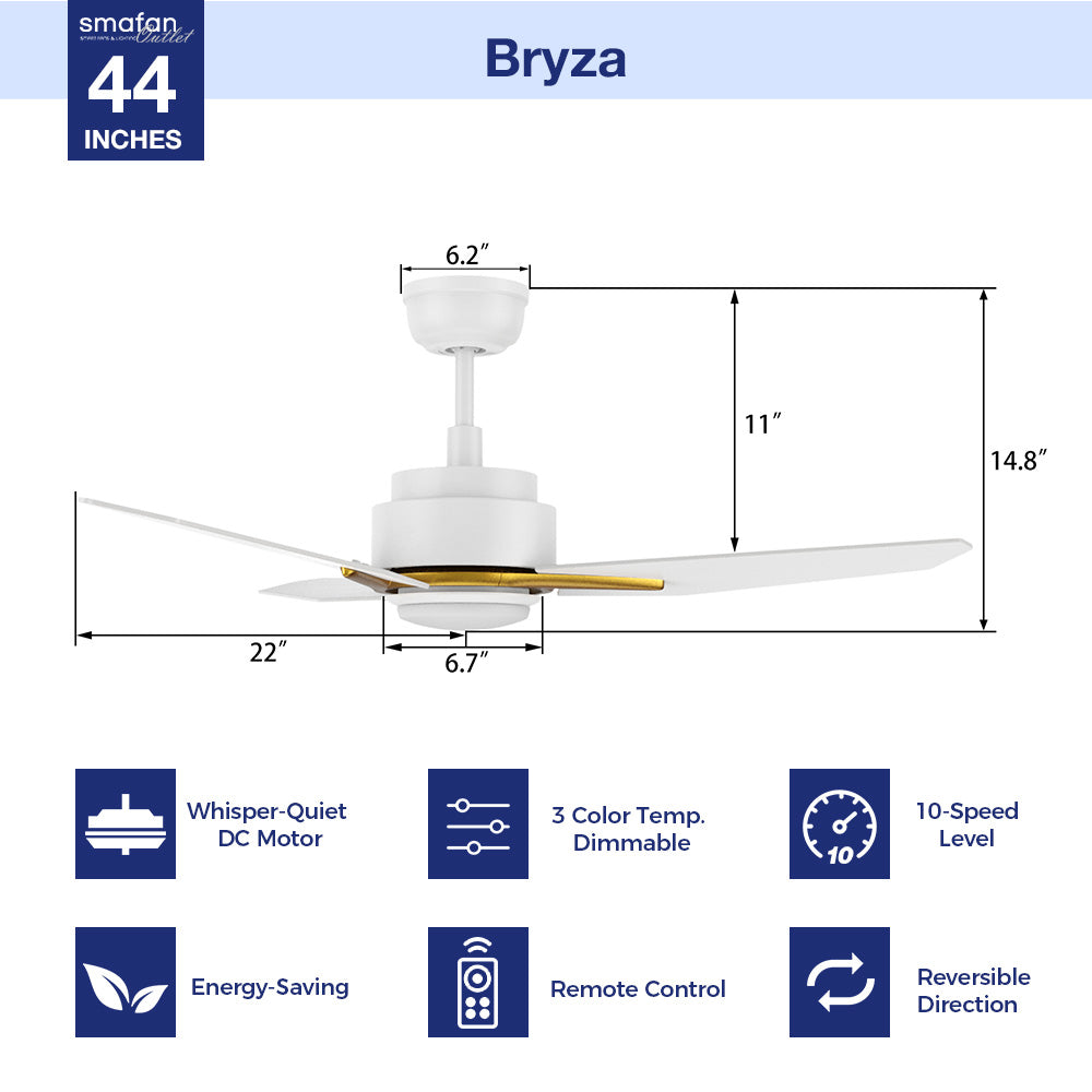 Transform your space with a 44" white ceiling fan featuring a 3-color dimmable light and gold ABS plating. Its modern design meets superior functionality with an adjustable 10-speed DC motor—whisper-quiet and providing 2830 CFM airflow for a cool summer breeze. Elevate your comfort and style effortlessly.
