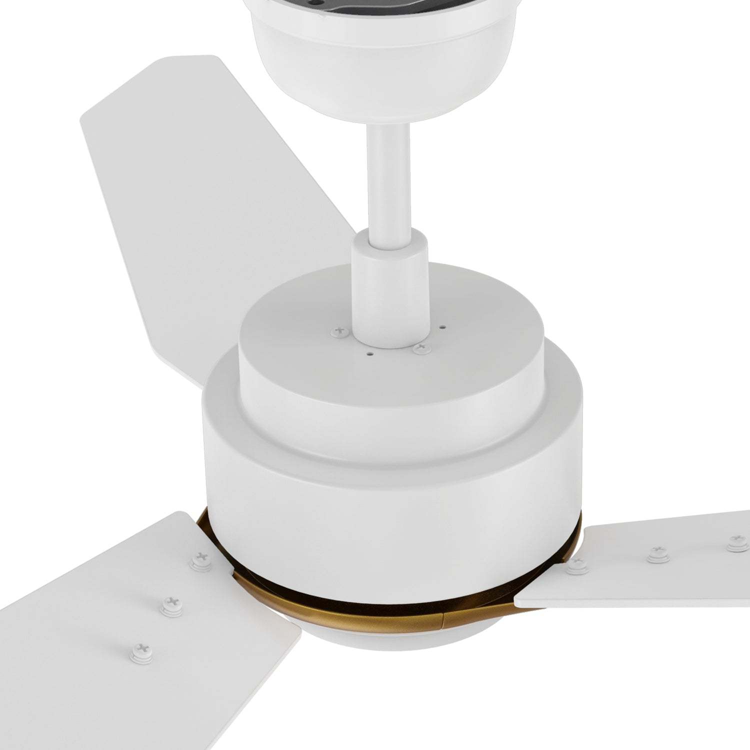 Close-up view of a white ceiling fan with gold accents, focusing on the motor housing and blade attachment. The fan blades are securely fastened with screws, and the design highlights a modern, minimalist style with a smooth white finish and a gold trim around the base.