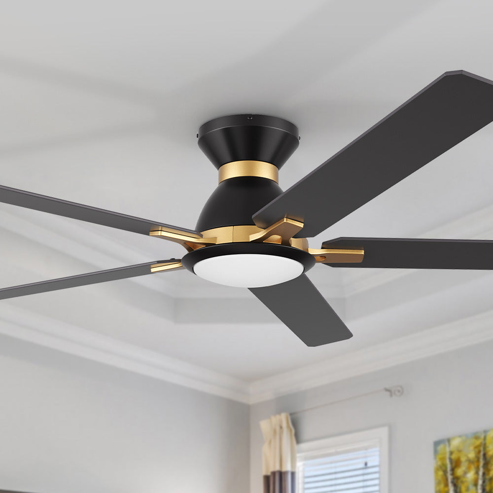 Smafan Carro Byrness 60-inch modern flush mount ceiling fan with light, black and gold design, with LED light and remote control.