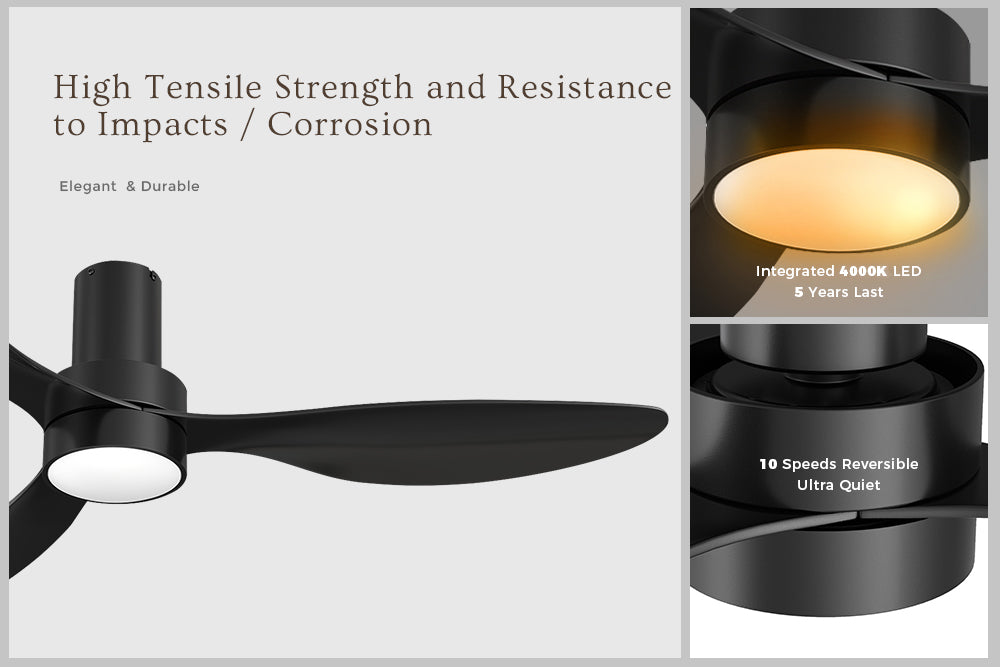 A 52-inch Smafan Coleman flush-mount ceiling fan in black, displayed against a plain background to showcase its white light fixture emitting a cool 4000K light and the fan's material performance, highlighting the sleek design and texture of the blades and body.