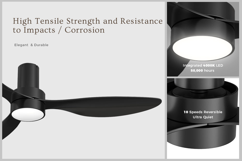 A 52-inch Smafan Coleman flush-mount ceiling fan in black, displayed against a plain background to showcase its white light fixture emitting a cool 4000K light and the fan's material performance, highlighting the sleek design and texture of the blades and body.