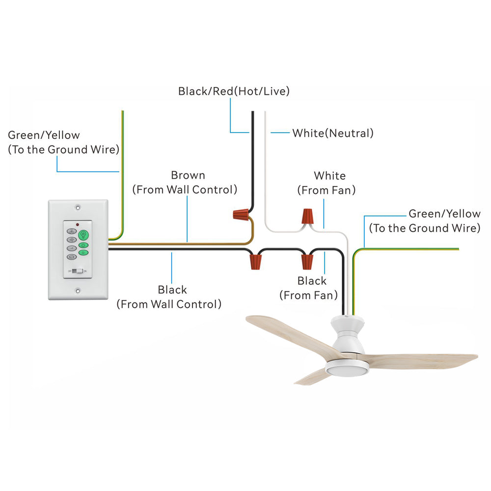 Illustration of a wiring diagram for ceiling fan with light, showing the connection of wires from the wall switch control and ceiling fan. The image shows the connection of various wires: Black/Red (Hot/Live), White (Neutral), Green/Yellow (Ground), and Black/Brown wires from the wall control and ceiling fan. It includes 52 inch low profile white ceiling fan with 5 solid blades, a wall control switch with multiple buttons, and detailed wiring instructions for proper installation.