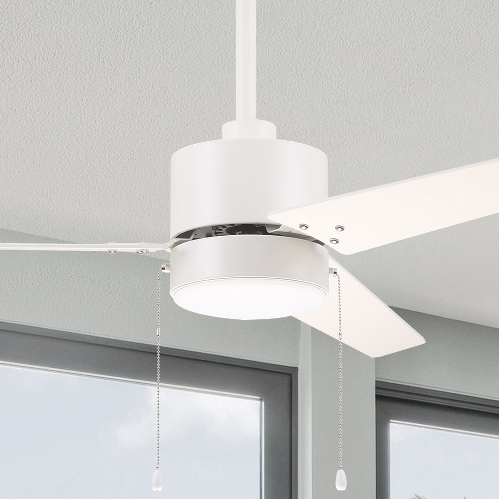 Carro Dulac 52 inch pull-chain ceiling fan design with White finish, elegant Plywood blades and integrated 3000K LED warm light.