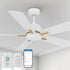 Close-up of the Smafan Carro Elgin2 Smart 52-inch outdoor smart ceiling fan with 5-blade design, white motor housing, and white-gold blades. Includes remote control, wall control, and smartphone app compatibility shown below.