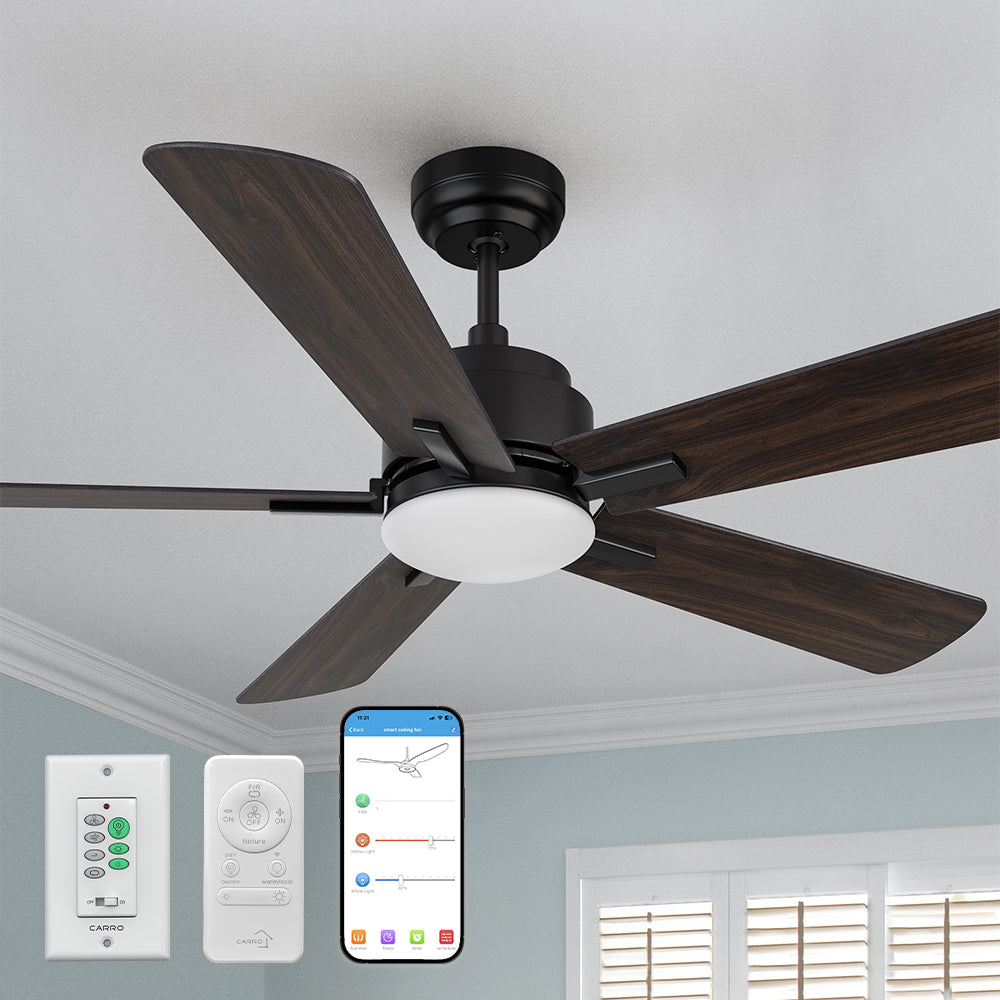 Close-up of the Smafan Carro Elgin2 Smart 52-inch outdoor smart ceiling fan with 5-blade design, black motor housing, and dark wood finish blades. Includes remote control, wall control, and smartphone app compatibility shown below.