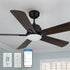 Close-up of the Smafan Carro Elgin2 Smart 52-inch outdoor smart ceiling fan with 5-blade design, black motor housing, and dark wood finish blades. Includes remote control, wall control, and smartphone app compatibility shown below.