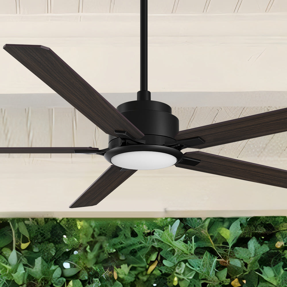 Carro Essex 60 inch smart ceiling fan with dark wood finish, elegant Plywood blades and integrated 4000K LED cool light.