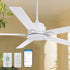Smafan Carro Essex II 56-inch smart outdoor ceiling fan in white finish, featuring five flat blades and an integrated LED light kit. Includes wall control, handheld remote, and smartphone app for smart control. Installed in a covered patio or sunroom with soft beige walls.