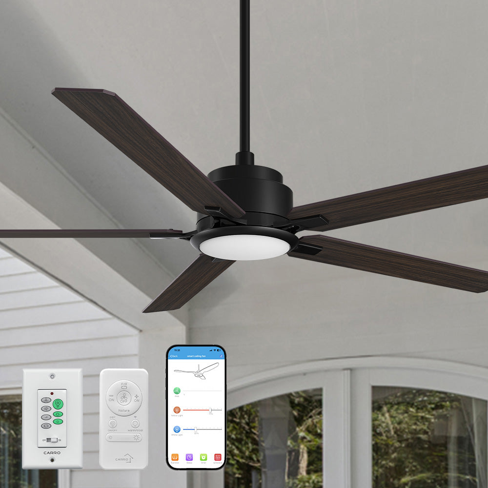 Carro Essex 60 inch smart ceiling fan with dark wood finish, elegant Plywood blades and integrated 4000K LED cool light.