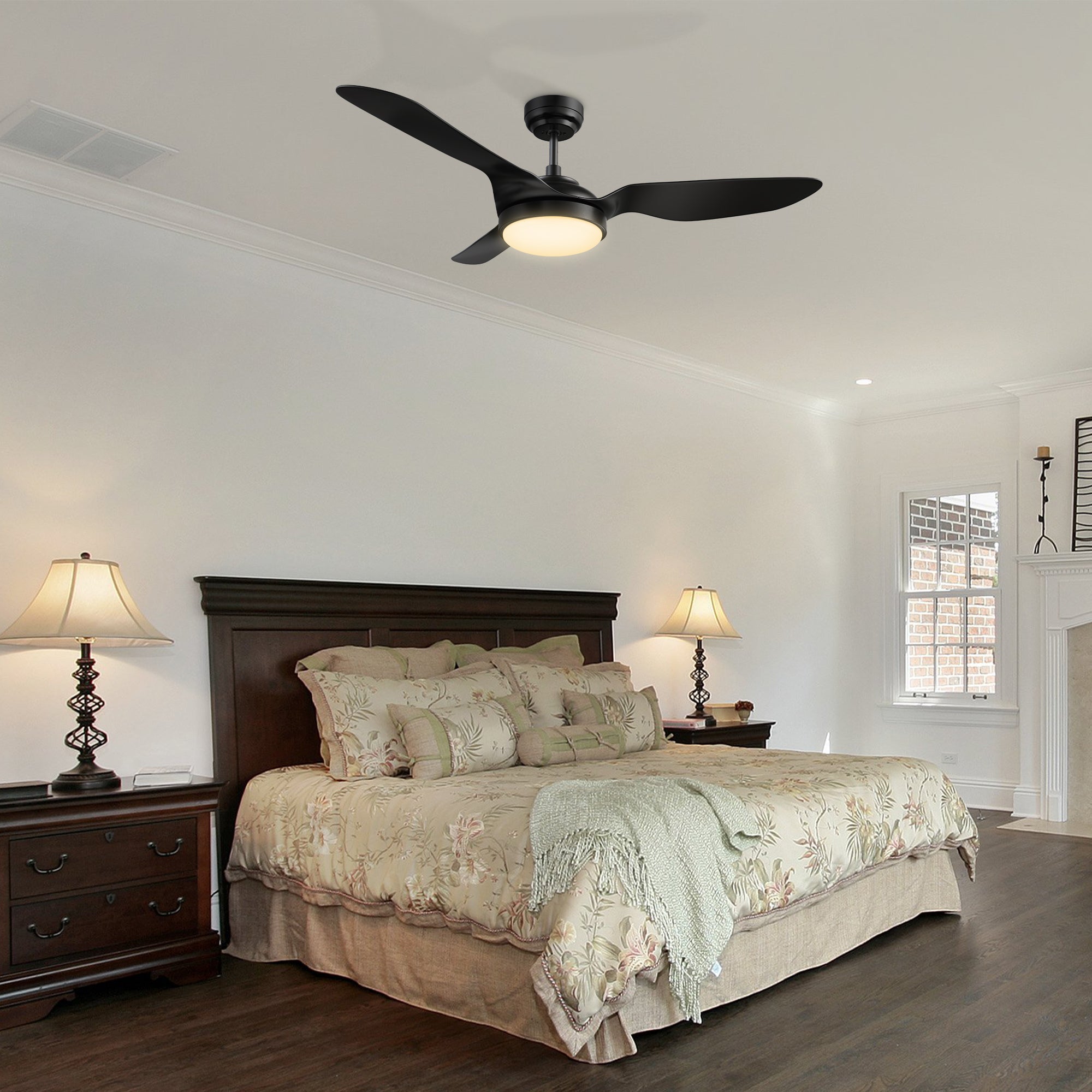 Carro Falkirk 52 inch smart ceiling fan with 3 blades and 4.5 inch downrod, black design, downrod mounted in a modern bedroom.