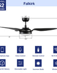 Detail size of Falkirk 52 inch smart ceiling fan with light, indoor and outdoor used.