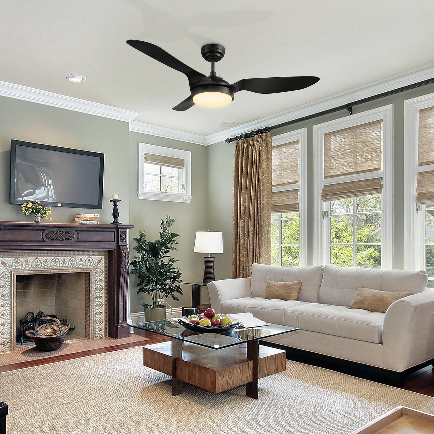 Carro Falkirk 52 inch smart ceiling fan with 3 blades and 4.5 inch downrod, black design, downrod mounted in a modern livingroom.