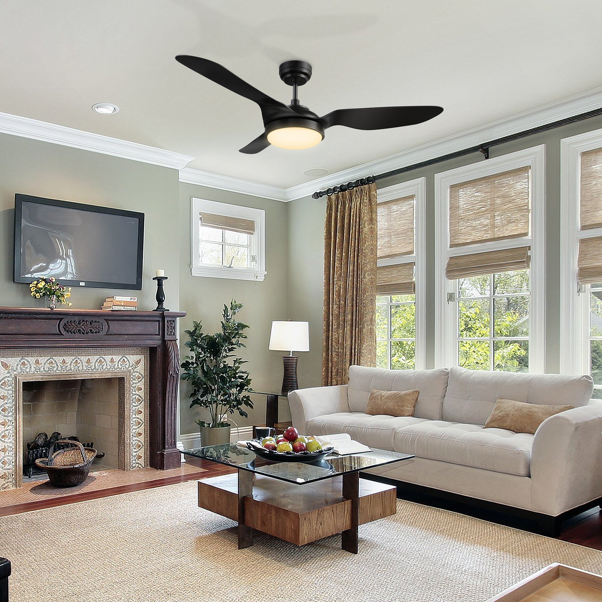 Carro Falkirk 52 inch smart ceiling fan with 3 blades and 4.5 inch downrod, black design, downrod mounted in a modern livingroom.