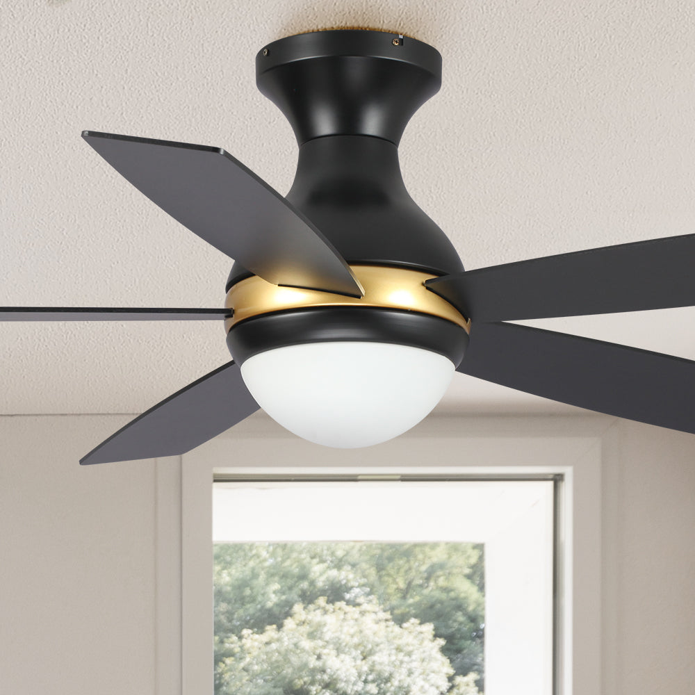 Carro Fannin 52 inch smart outdoor ceiling fan design with black and gold finish, elegant Plywood blades and integrated 4000K LED cool light.