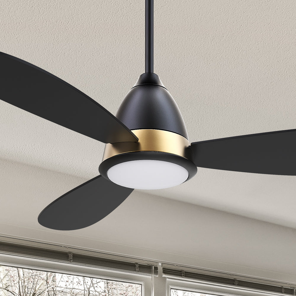 Carro Fayette 52 inch smart ceiling fan with light design with black and gold finish, elegant Plywood blades and integrated 4K LED daylight.