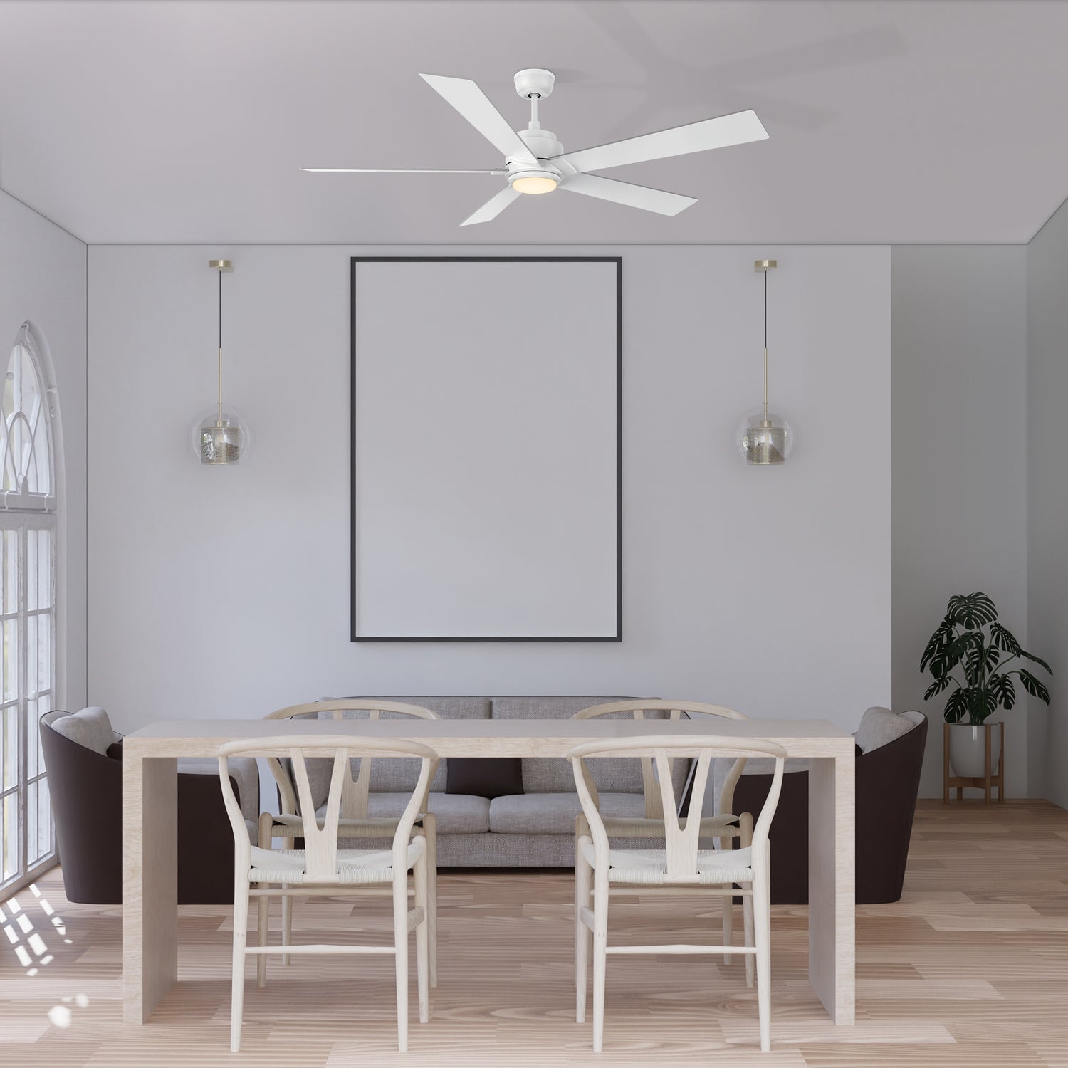 Remote control ceiling fan enhances dining room decor, combining style and functionality for a comfortable dining experience