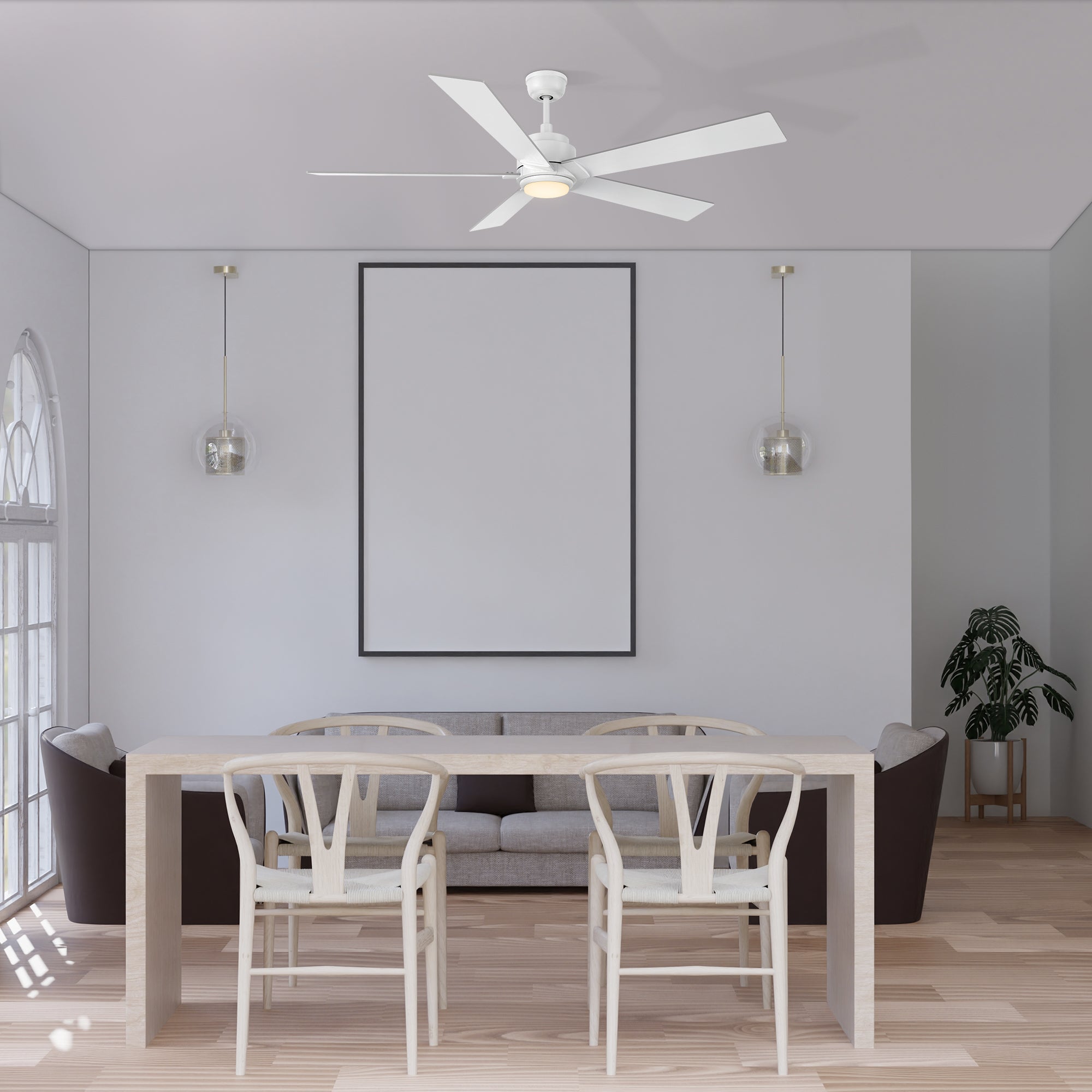 Remote control ceiling fan enhances dining room decor, combining style and functionality for a comfortable dining experience