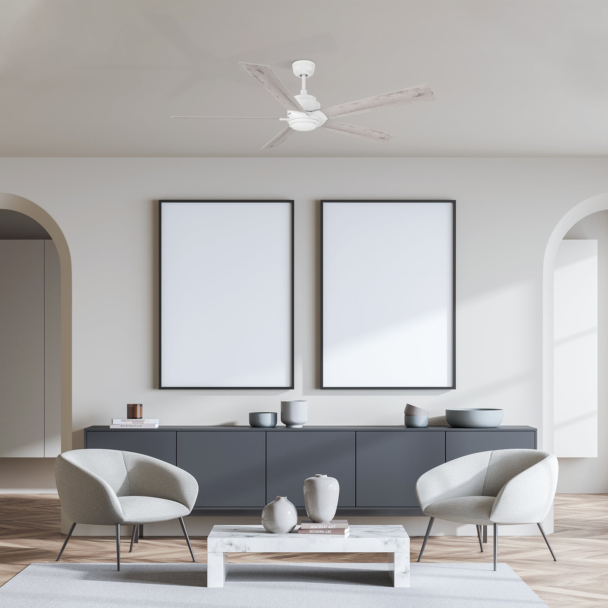 Remote control ceiling fan adds a stylish touch to living room decor, providing comfort and convenience at your fingertips.