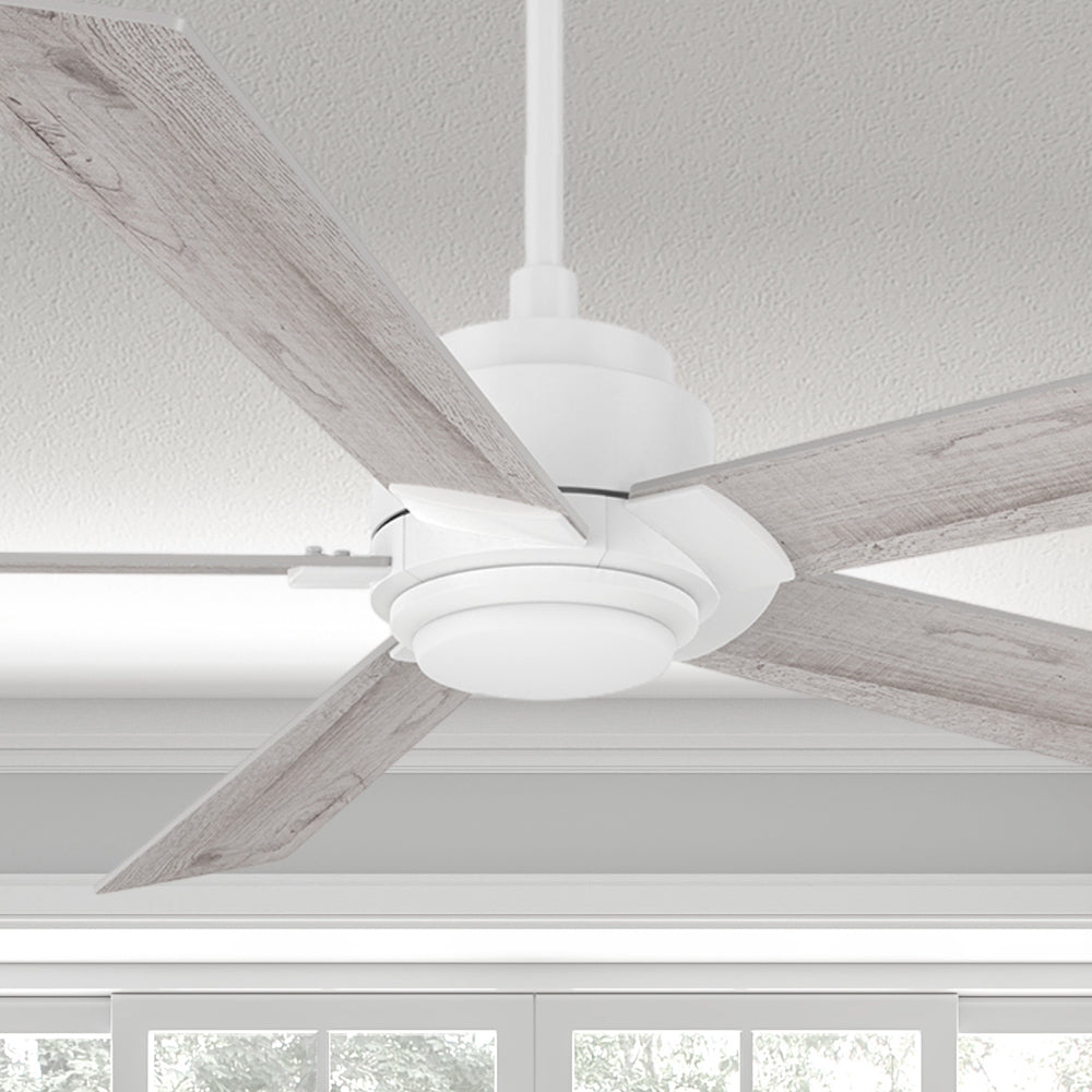 Carro Kalmar 60 inch remote control ceiling fan design with a white and lightwood finish, elegant Plywood blades and an integrated 4000K LED cool light.