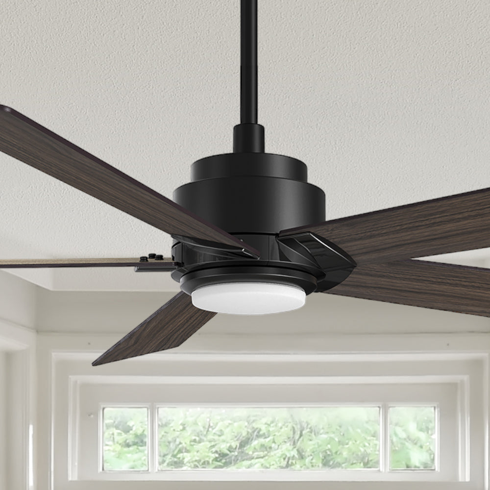 Carro Kalmar 60 inch remote control ceiling fan design with a wood finish, elegant Plywood blades and an integrated 4000K LED cool light.