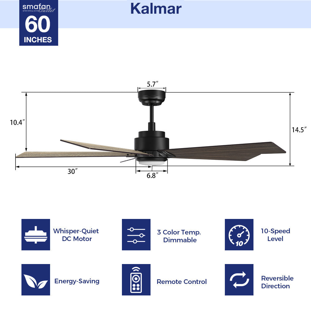 Detail size of Carro Kalmar 60 inch remote control ceiling fan with light, designed with a wood finish, elegant Plywood blades.