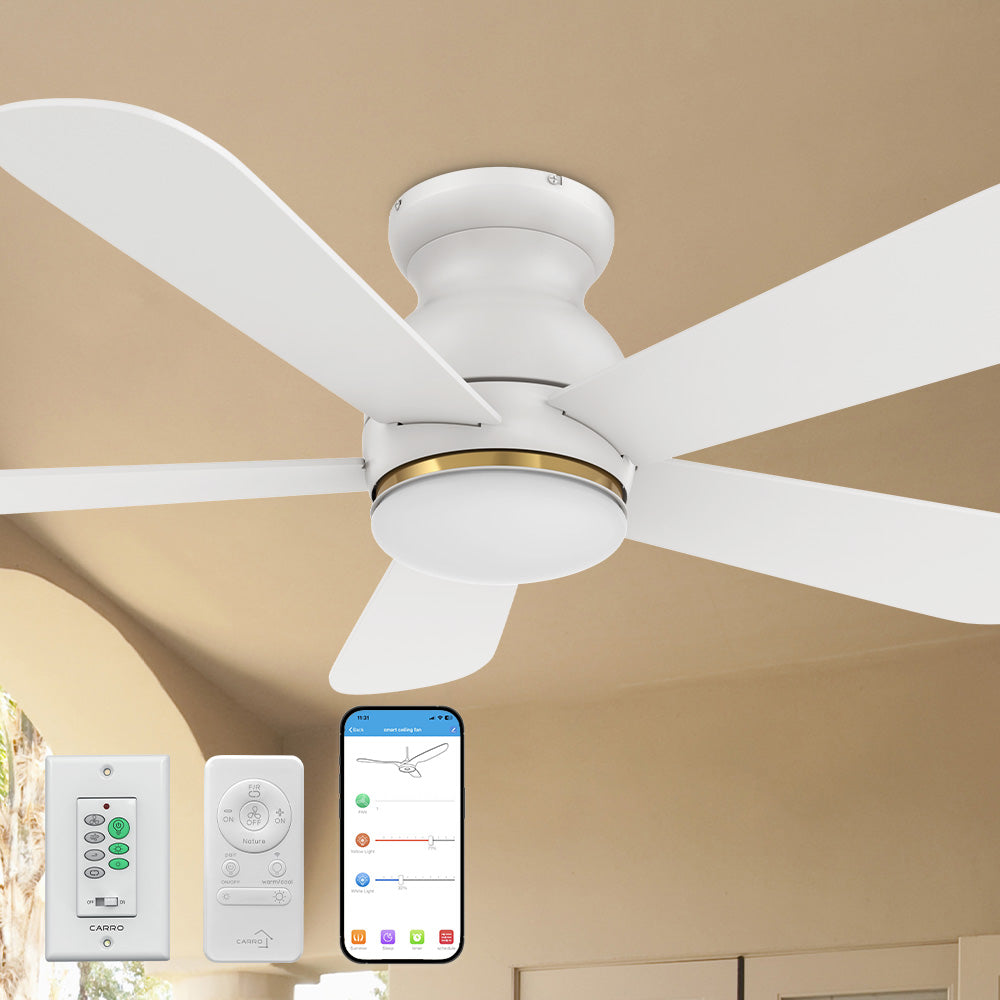 Carro Kaze 48 inch smart ceiling fan with remote and wall switch control, designed with white finish, use elegant Plywood blades and has an integrated 4000K LED daylight.