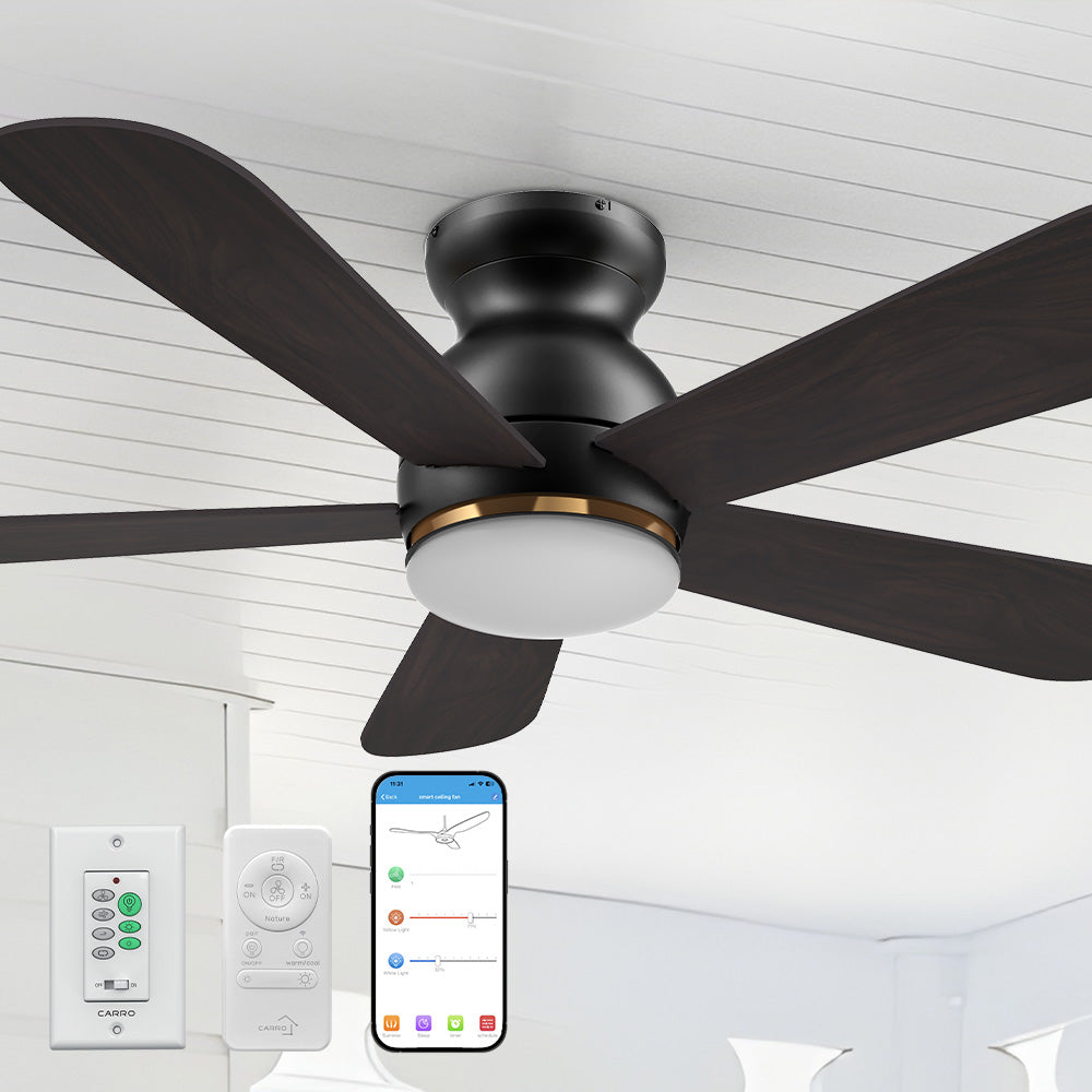 Kaze 48-inch low-profile smart ceiling fan with remote and wall switch, five wooden blades, and a dimmable LED light. Flush-mounted for low ceilings, it includes a remote and wall control, offering Wi-Fi connectivity and voice control with Alexa and Google Assistant. Suitable for indoor and outdoor use.
