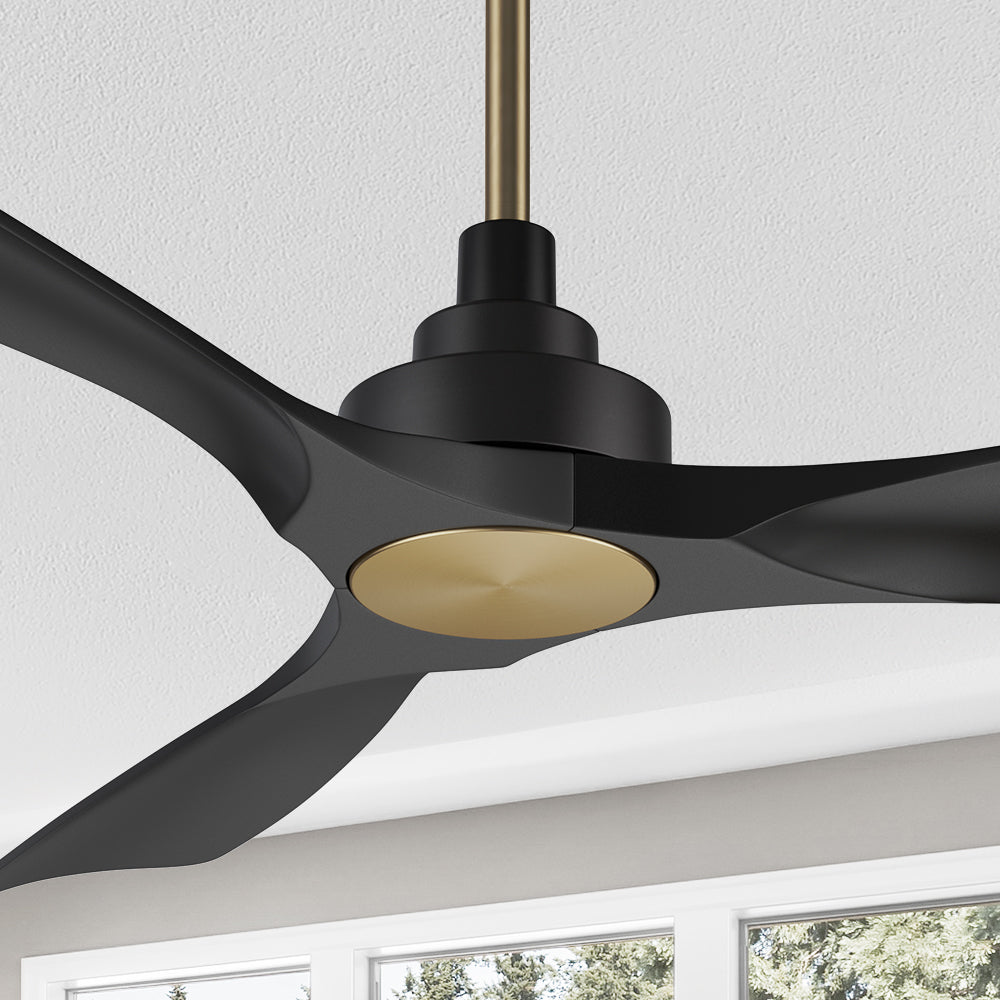 Smafan Carro Kilmory 52 inch ceiling fan with black and gold finish, strong ABS blades. Features Remote control to set fan preferences.