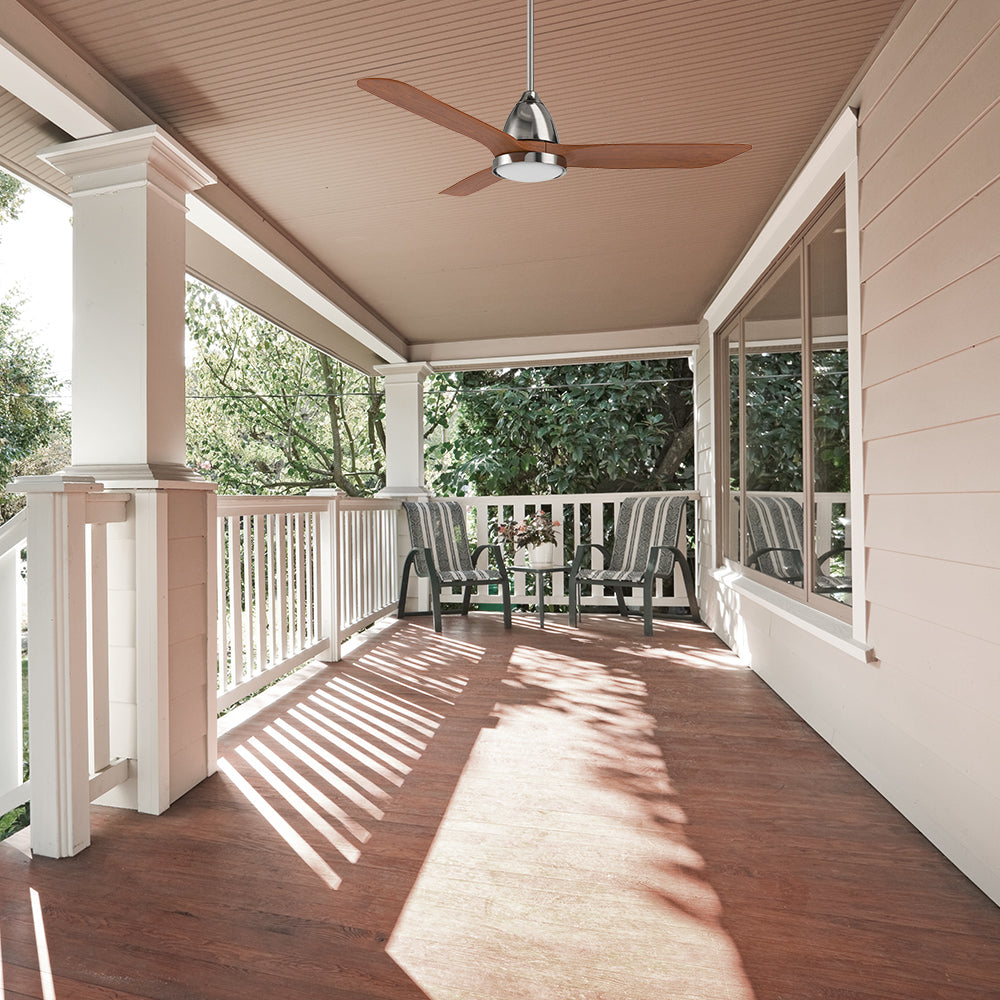 Carro Koa 52 inch outdoor ceiling fan with 3 soild wood fan blades and an extended 6 in rod, Installed in the house proch.