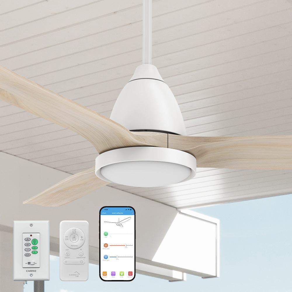 Close-up view of the Smafan Carro Koa II 52-inch outdoor ceiling fan with light, showcasing a sleek white motor housing and curved light wood finish blades. Includes wall control, handheld remote, and smartphone app interface for smart control. Installed in a covered outdoor setting.