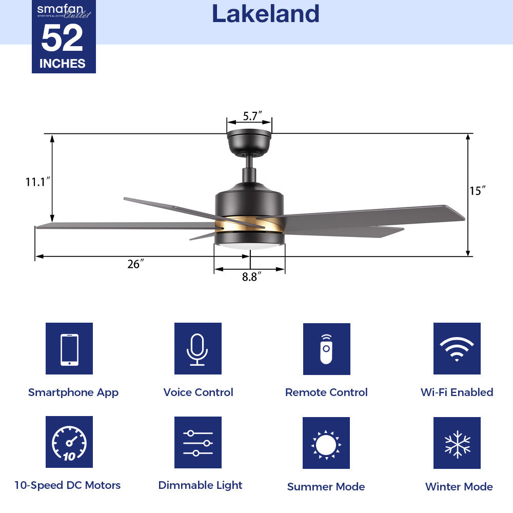 Detail size of Lakeland 52 inch smart ceiling fan with light, indoor and outdoor used.