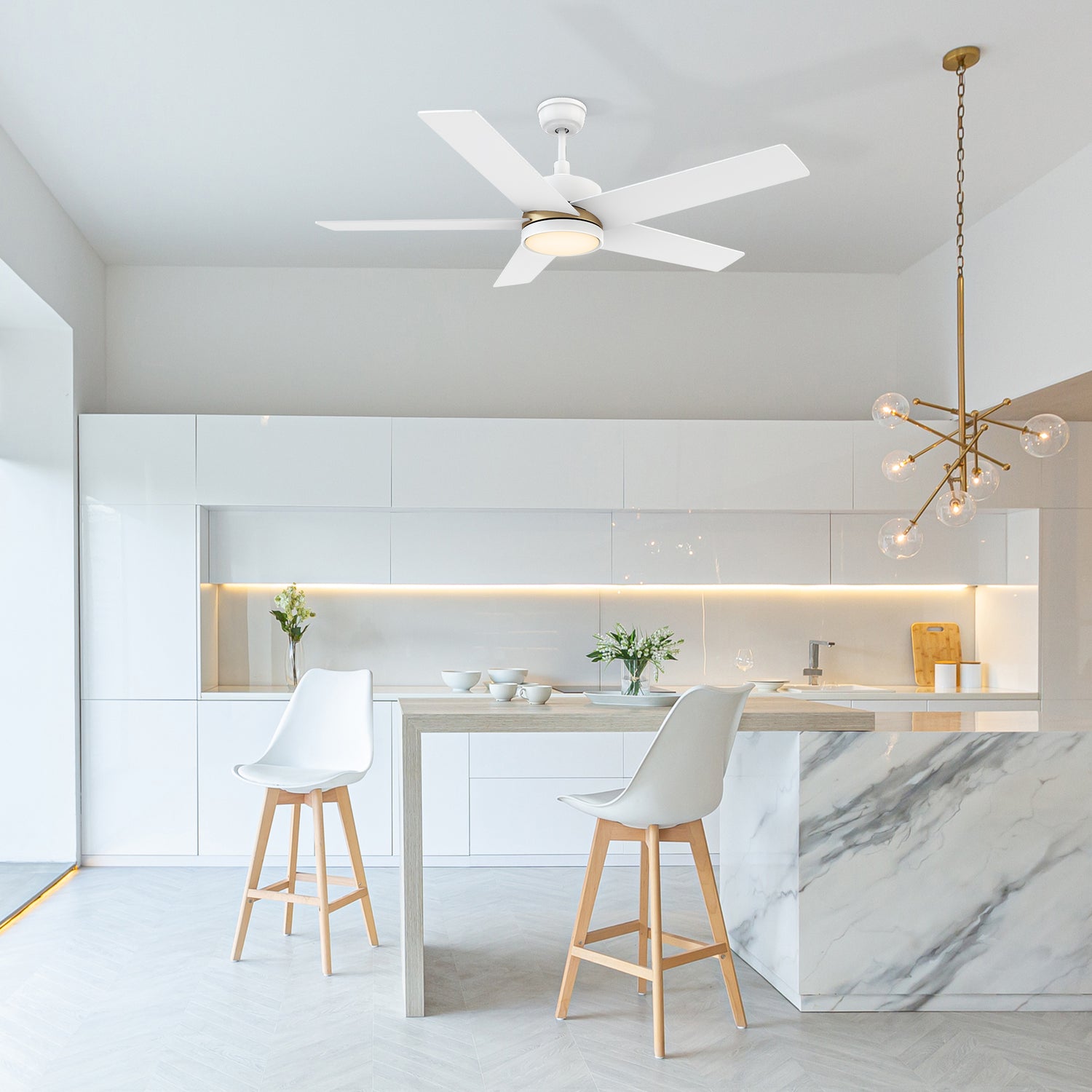 Carro Lakeland 52 inch smart ceiling fan with 5 blades and 4.5 inch downrod, white design, downrod mounted in a modern kitchen.