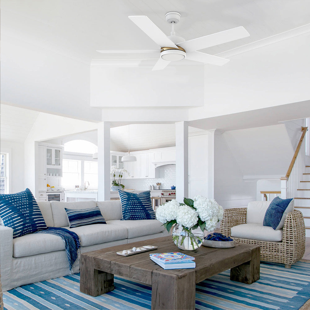 Carro Lakeland 52 inch smart ceiling fan with 5 blades and 4.5 inch downrod, white design, downrod mounted in a coastal living.