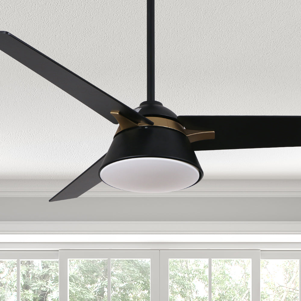 Smafan Lismore 48 inch Ceiling Fan designed with long squared blades in a black finish, elegant gold accents, and a flushed light cover.