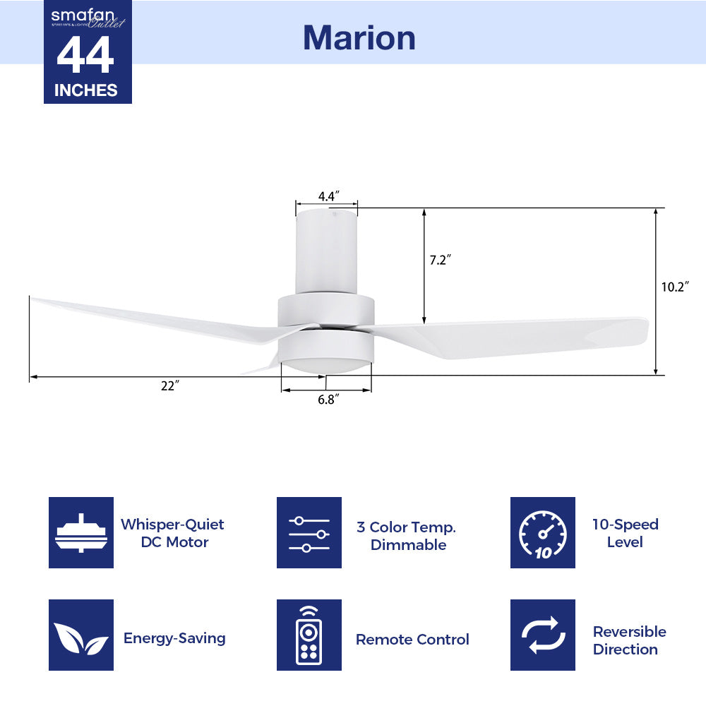 Modern white ceiling fan with dimmable light and whisper-quiet dc motor, featuring with remote controller and 10-speed selection. Design with low-profile, this 44inch also has 3-color temperature light for your choice.