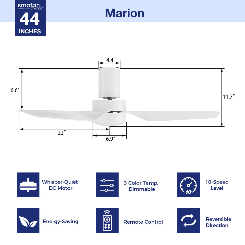 Modern white ceiling fan with dimmable light and whisper-quiet dc motor, featuring with remote controller and 10-speed selection. Design with low-profile, this 44inch also has 3-color temperature light for your choice.