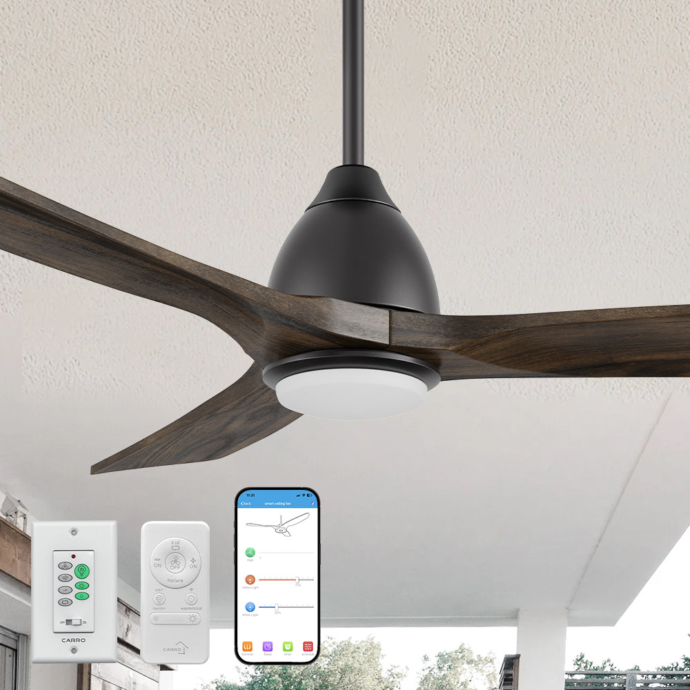 Carro Sawyer 48-inch smart outdoor ceiling fan with a black finish, solid wood blades, and an integrated 4000K LED daylight. Includes a remote control and wall switch for easy operation.