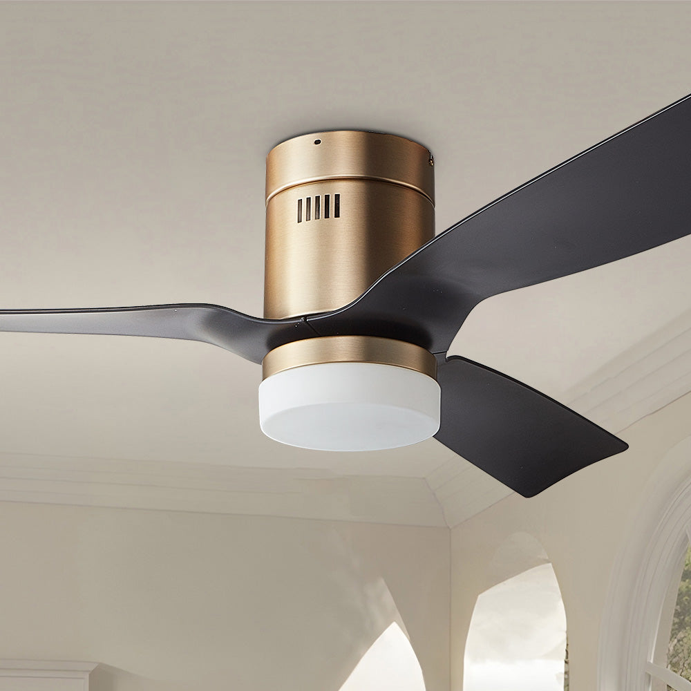 Carro Striver 48 inch outdoor ceiling fan with black and gold design, flush mounted in a smart home.