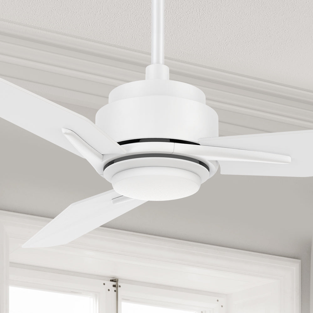 Carro Tilbury 48 inch smart ceiling fan designed with White finish, use elegant Plywood blades and has an integrated 4000K LED cool light.
