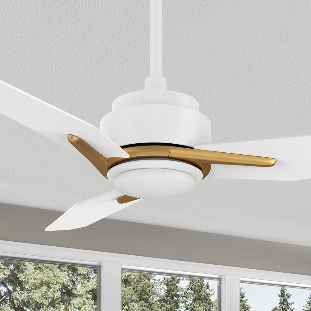 Carro Tilbury 52 inch smart outdoor ceiling fan with white and gold finish, use elegant plywood blades and integrated 4000K LED cool light.