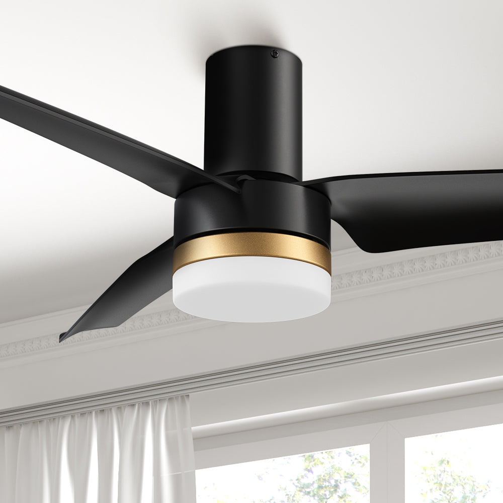 Carro Topeka 52 inch smart ceiling fan with Black and gold finish, strong ABS blades and integrated 4000K LED cool light.