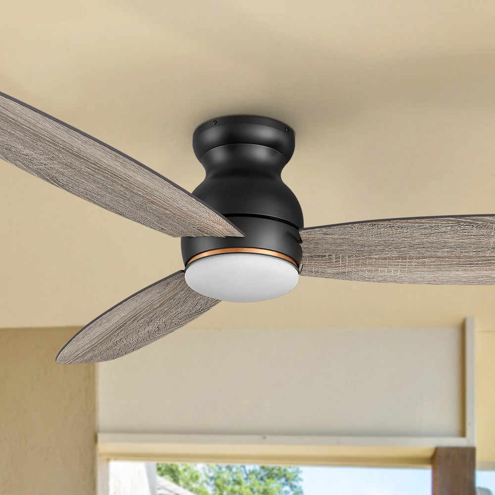 The Smafan Trendsetter Smart Ceiling Fan with 3 blades and a 60-inch blade sweep with a flush mounted motor case and tropical inspired blades.