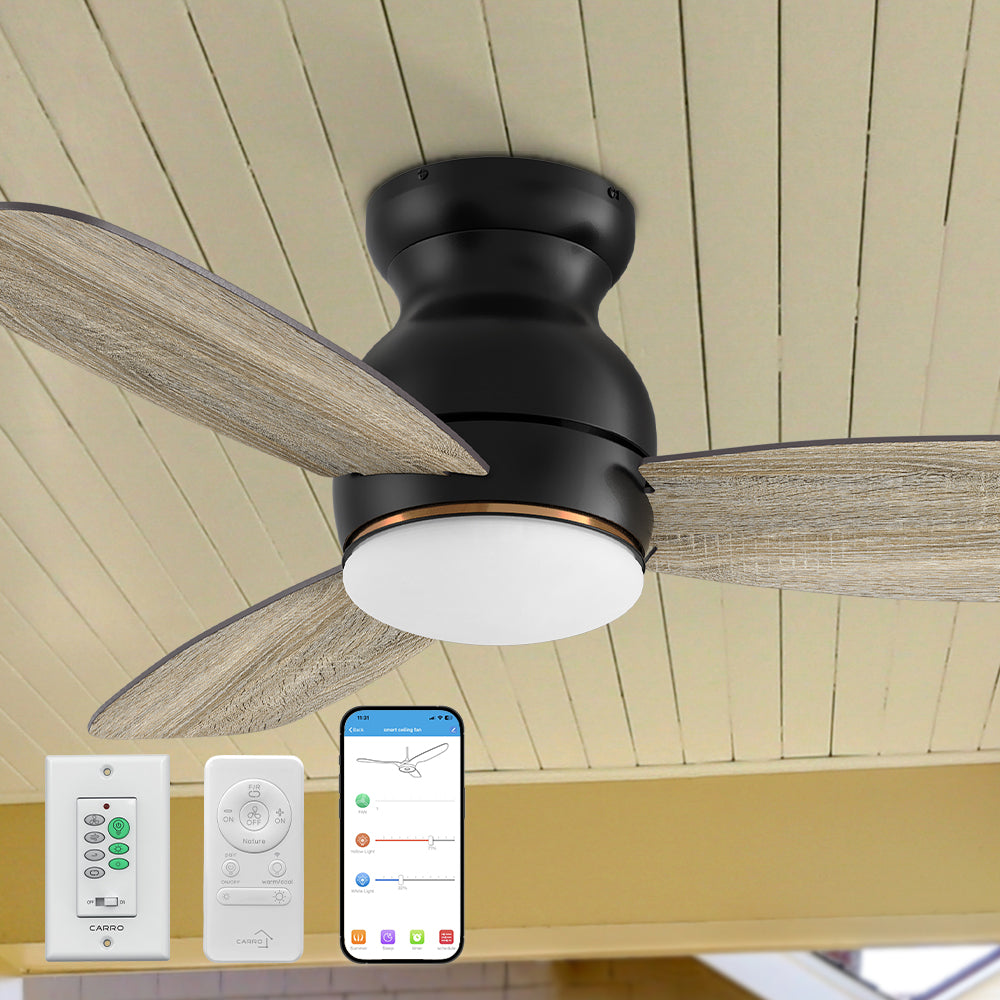 44inch flush mount ceiling fan with light and smart, featuring with wall switch and remote control.