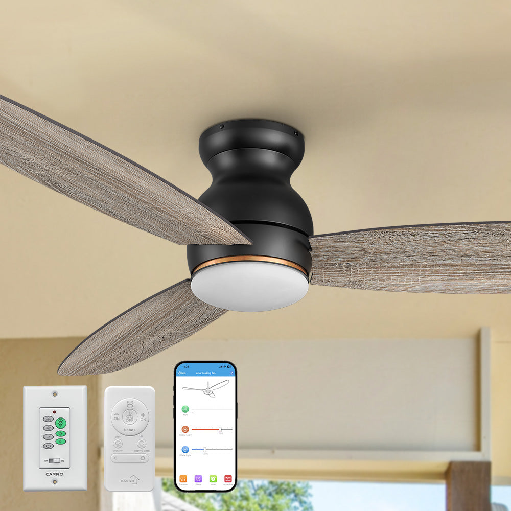 The Smafan Trendsetter Ⅱ Smart Ceiling Fan with 3 blades and a 60-inch blade sweep with a flush mounted motor case and tropical inspired blades. Ideal for covered balconies and outdoor spaces, it offers convenient control via remote, wall switch, or Wi-Fi–enabled app.